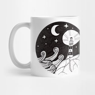 Whimsical Lighthouse Night Time Ink Illustration Mug